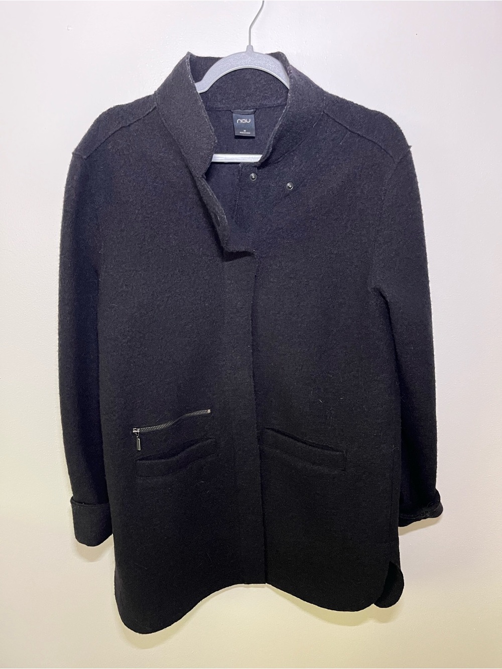 Nau Women’s Black Stand-Collar Wool Coat. Size M